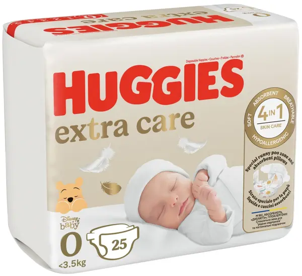 Scutece pentru copii Huggies Extra Care - Mărimea 0, până la 3,5 kg, 25 bucăți