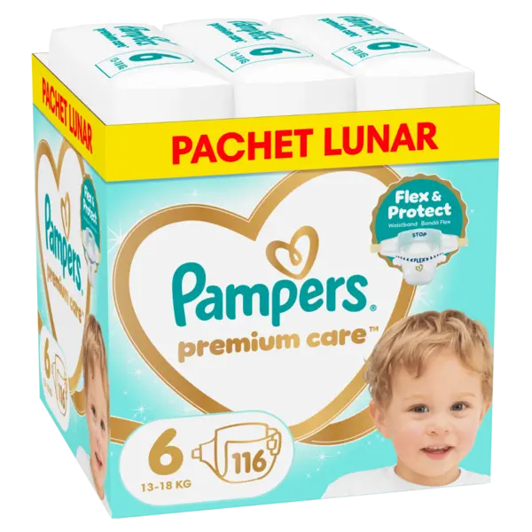 Scutece Premium Care Marimea 6 pentru 13-18 kg, 116 bucati, Pampers