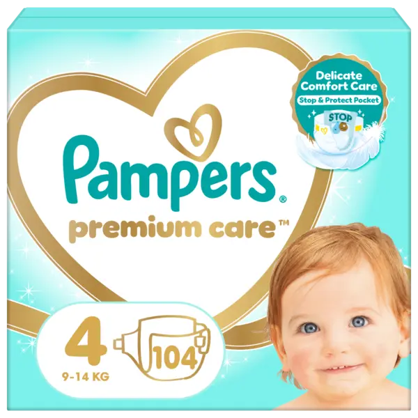 Scutece Premium Care Nr.4 pentru 9-14 kg, 104 bucati, Pampers