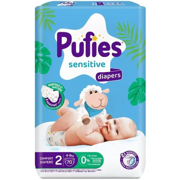 Scutece Pufies Sensitive Maxi, Marimea 2 Mini, 4-8 kg, 70 Bucati