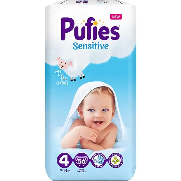 Scutece Sensitive Nr.4 9-15kg, 56 bucati, Pufies