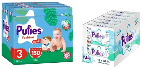 Scutece tip chiloței Pufies Fashion - Mărimea 3, 150 bucati , 6-11 kg, Multipack + luni șervețele umede, 12 х 64 bucati