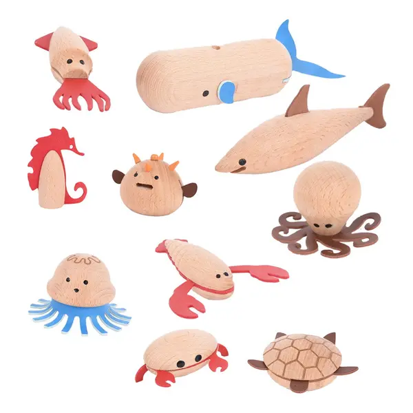 Sea Creatures, set 10 animale marine din lemn natur