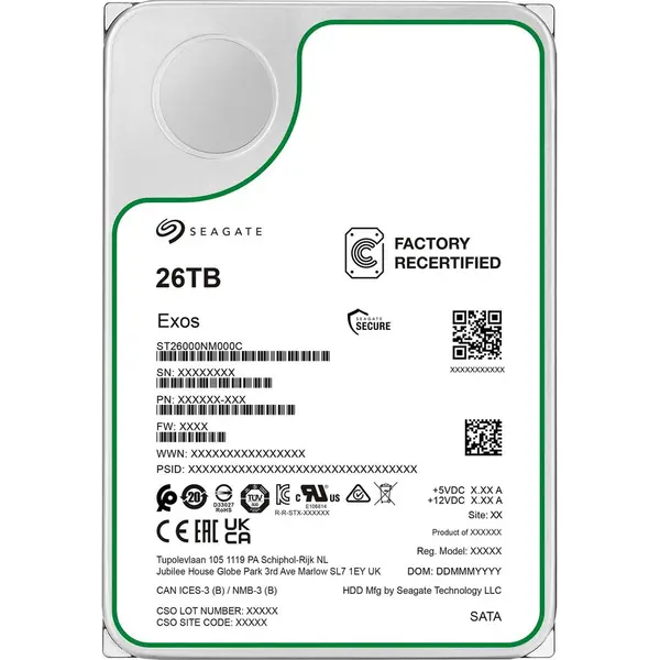 Seagate Hard Disk Seagate Exos, 26 TB, 3.5, interfata SATA 3 (6 Gb/s), Design sigilat cu heliu, T10 DIF, SuperParity, PowerChoice, PowerBalance, suport conectare la cald, protectie organica a suprafetelor