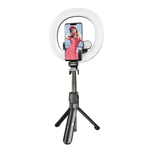 Selfie stick si trepied cu inel Led Puluz cu iluminat dublu pentru telefon, Bluetooth 4.0, 2900K-6500K (Negru)