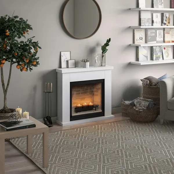 Semineu cu lumanari parfumate miros lemne si sunet trosnet TAGU ZenFlame cu rama decorativa Frode alb