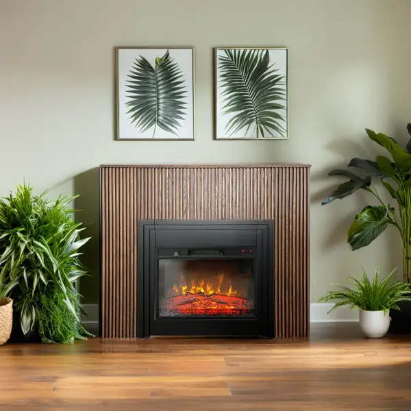 Semineu electric 3D cu riflaje ElectricSun LAMELIA stejar inchis, cu sunet, 3 culori, Wi-Fi cu APP internet, L120xH102cm