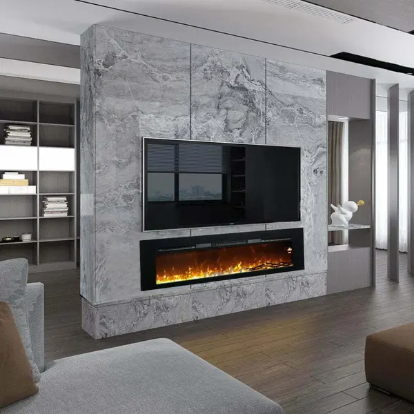 Semineu electric 3D ElectricSun PAULA GLASS negru MARE, pe perete, podea sau incorporabil, cu sunet, 10 culori, Wi-Fi cu APP internet, L183xH45cm