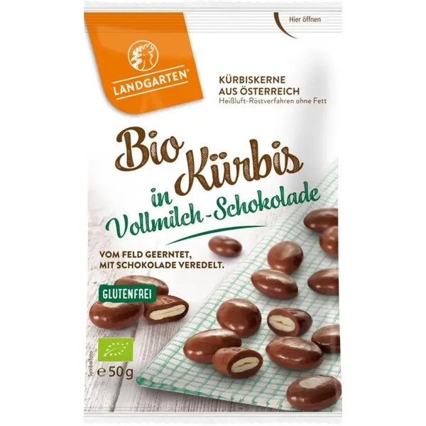 Seminte de dovleac invelite in ciocolata cu lapte fara gluten, eco - 50 g