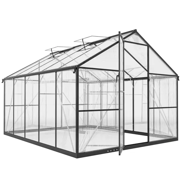 Seră de grădină Outsunny din aluminiu și policarbonat, 7,5㎡, cu ușă cu balamale, 2 ferestre reglabile, sistem de drenaj, anti-UV, 304x247x205cm, negru | Aosom Romania