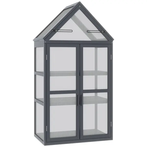 Seră mini Outsunny cu 3 nivele, sere pentru plante cu acoperiș rabatabil, uși duble din lemn, policarbonat rezistent la intemperii, natural, 70,5 x 42 x 132 cm | Aosom Romania