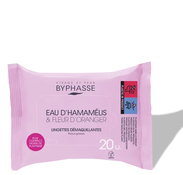 Servetele demachiante cu Apa de Hamamelis & Floare de portocal pentru ten gras, 20 bucati, Byphasse