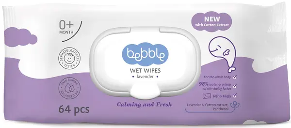 Servetele umede Bebble - Lavanda, 64 buc, cu capac