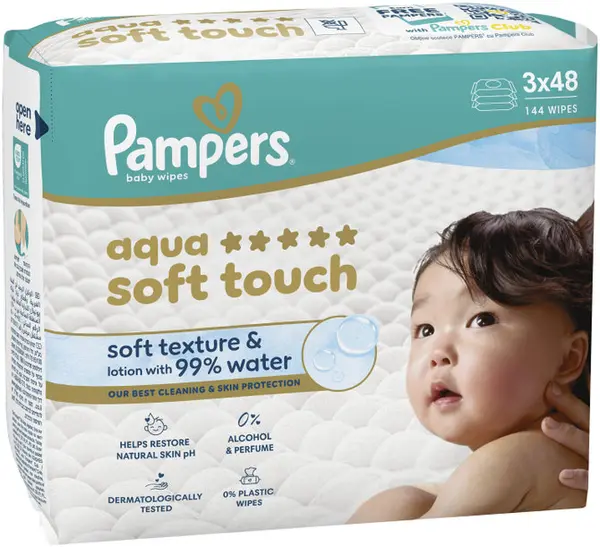 Șervețele umede Pampers Harmonie – Aqua Soft Touch, 3 x 48 bucăți