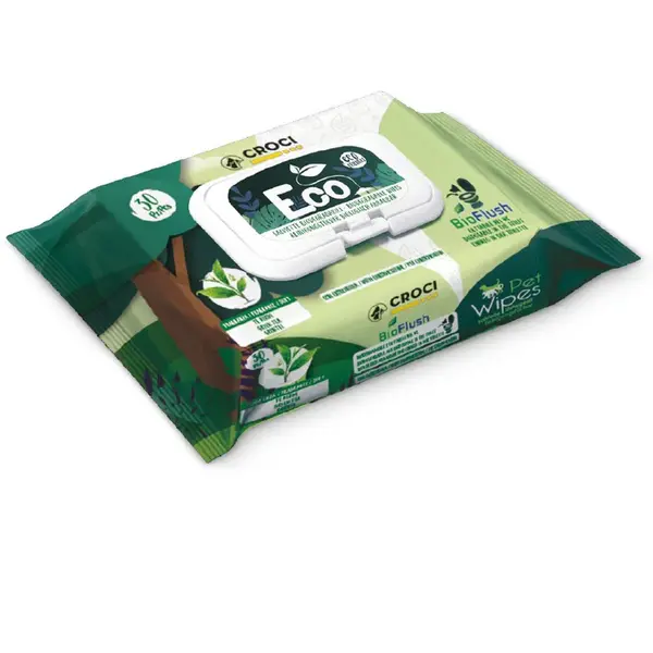 Servetele umede pentru caini si pisici Croci, biodegradabile, cu clorhexidina si ceai verde, 30 bucati