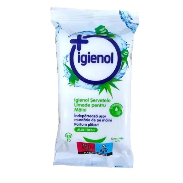 Servetele Umede pentru Maini Igienol, Aloe Fresh, 15 Bucati