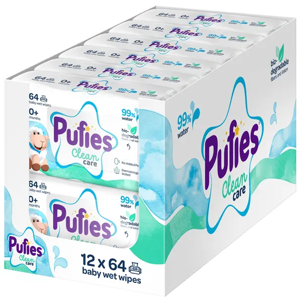 Șervețele umede Pufies Clean Care - 99% Water, 12 x 64 buc