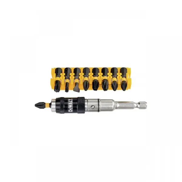 Set 10 accesorii pentru insurubare, 9 biti de impact cu cap pivotant la 20 de grade, 25 mm + adaptor, carcasa extra-rezistenta, tip DT70518T-QZ, Dewalt