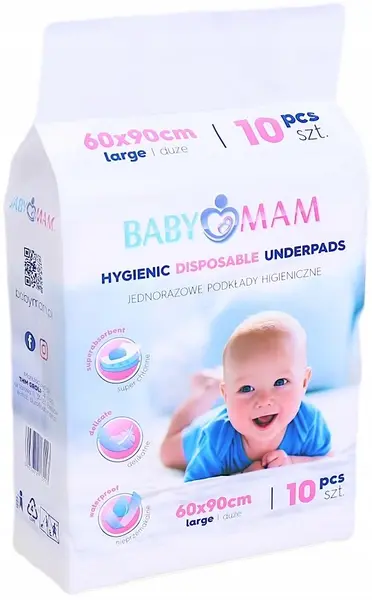 Set 10 aleze impermeabile pentru copii, BabyMam, utilizare multipla, de unica folosinta, masura large, dimensiune 60 x 90 cm