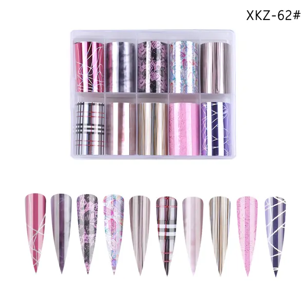 Set 10 Folii Transfer Unghii Elegant Mix XKZ-62 | Nail Art Profesional 100×4 cm