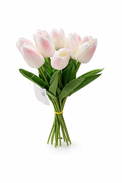 Set 10 lalele artificiale alb cu roz delicat soft touch, fir individual, 33cm