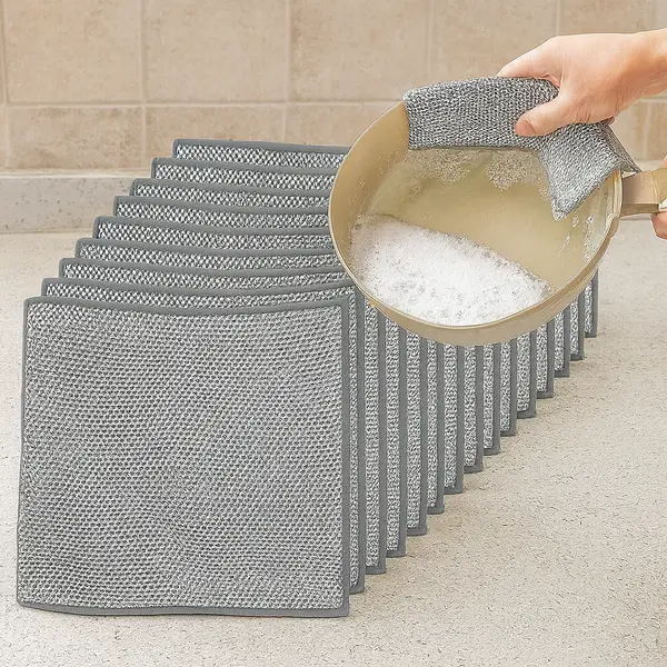 Set 10 lavete din microfibra metalica, abraziva, pentru vase, utilizare umeda si uscata, 20 x 20 cm, argintiu