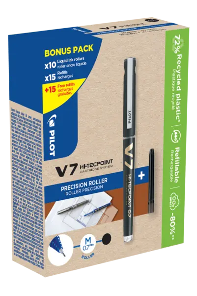 Set 10 rollere cu cerneala Pilot Begreen V7 negru 0.7 mm si 30 rezerve Set 10 rollere cu cerneala Pilot Begreen V7 negru 0.7 mm si 30 rezerve
