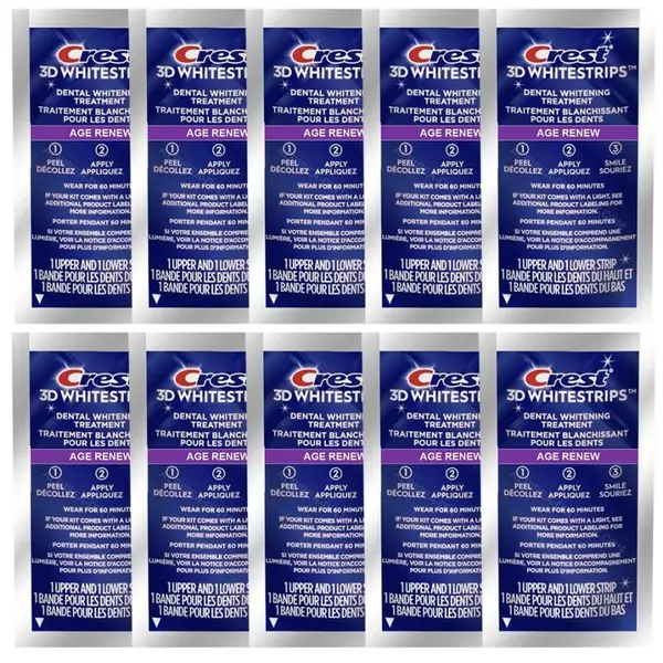 Set 10x Benzi Albirea Dintilor, Crest, 3D White, Age Renew, 14% Concentratie, Tratament 10 zile, 60 min, Nivel Albire 25