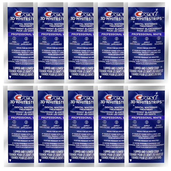 Set 10x Benzi Albirea Dintilor, Crest, 3D White, Professional White, 10% Concentratie, Tratament 10 zile, 45 min, Nivel Albire 20