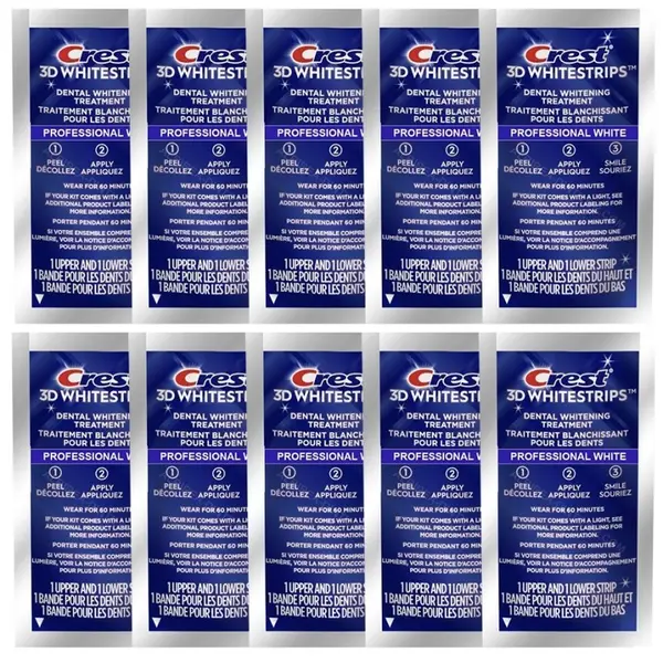 Set 10x Benzi Albirea Dintilor, Crest, 3D White, Professional White, 10% Concentratie, Tratament 10 zile, 45 min, Nivel Albire 2