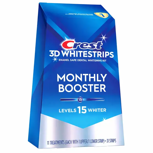 Set 11x Benzi Albirea Dintilor, Crest, 3D White, Monthly Booster, 10% Concentratie, Tratament 11 zile, 45 min, Nivel Albire 15