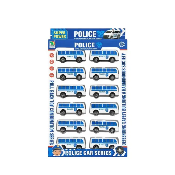 Set 12 Autobuze Politie SWAT Pioneer Pull-Back - Jucarie Educativa Copii 3+ SUPER POWER