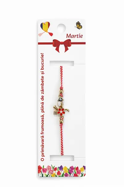 Set 12 bratari martisor cu pasare stilizata si floare, snur rosu alb, ambalate individual