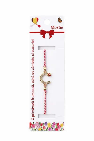 Set 12 bratari martisor cu potcoava stilizata cu strasuri si buburuza, snur rosu alb