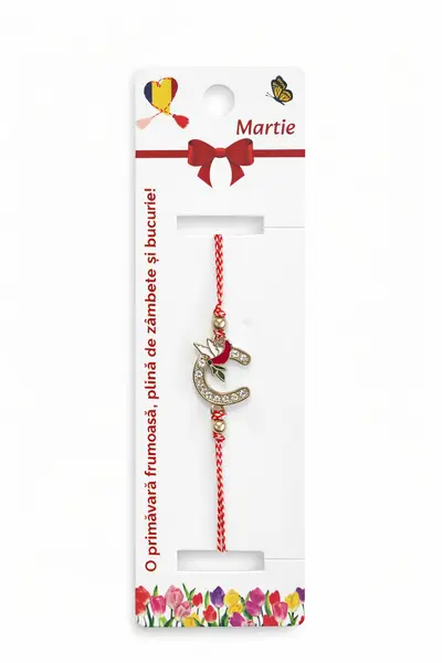 Set 12 bratari martisor cu potcoava stilizata si porumbel, snur rosu alb, ambalate individual
