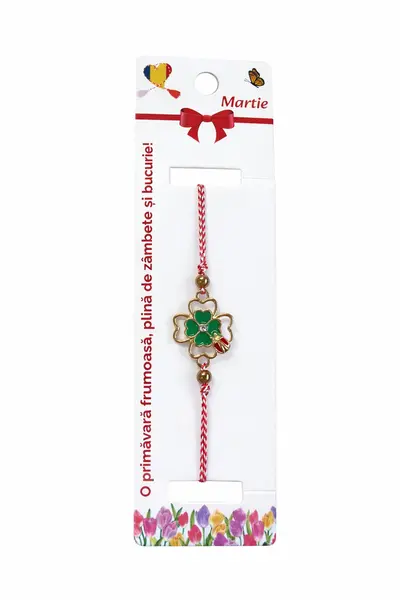 Set 12 bratari martisor cu trifoi norocos si buburuza, snur rosu alb, ambalate individual