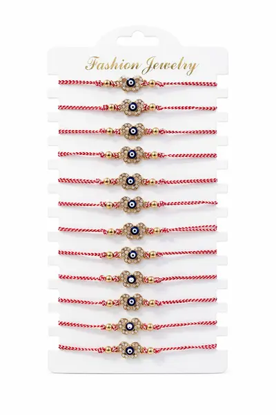 Set 12 bratari martisor fluture auriu cu strasuri si ochisor, snur alb rosu, 20x11cm