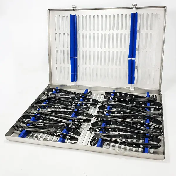 Set 12 clesti extractie din titan plus cutie de sterilizare negri