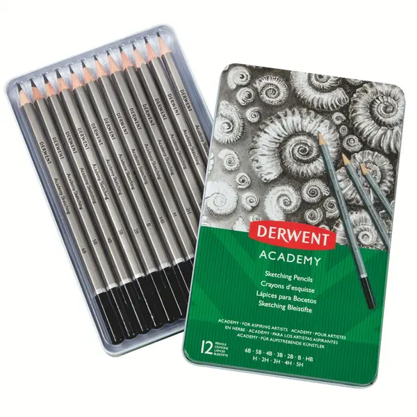 Set 12 creioane Grafit 6B-5H Derwent Academy calitate superioara pentru artisti aspiranti cutie metalica Set 12 creioane Grafit 6B-5H Derwent Academy calitate superioara pentru artisti aspiranti cutie metalica