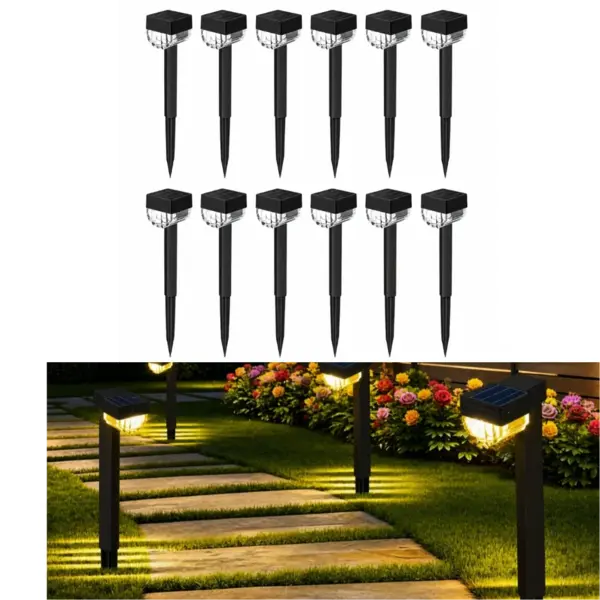Set 12 Mini Lampi Solare BZRSH pentru Gradina - LED Alb Cald 3000K, 30.5 cm, Senzor Lumina Automat, IP65, Model Semicerc