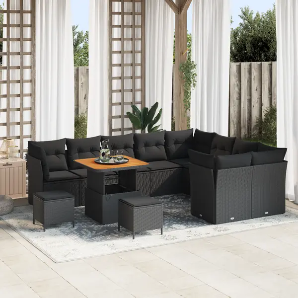 Set 12 piese sofa gradina cu perne, ratan negru, acacia, set 3 piese servit masa gradina cu perne, ratan negru, acacia