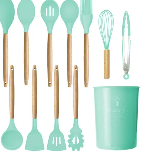 Set 12 ustensile de bucatarie Silicon/Lemn Verde