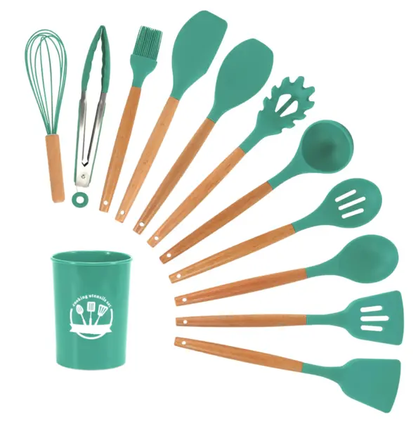 Set 12 ustensile MINI de bucatarie Lemn/Silicon VERDE MENTA