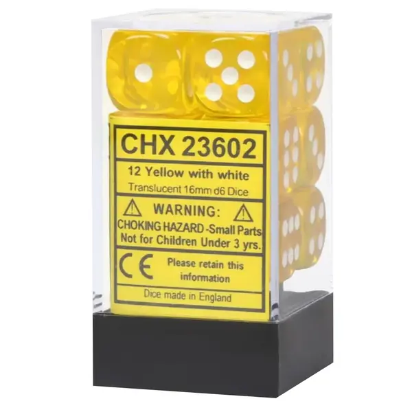 Set 12 Zaruri Chessex Translucent 16mm d6 Dice Blocks - Galben/Alb