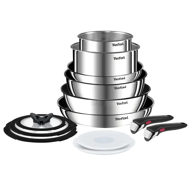 Set 13 piese Tefal Ingenio Emotion, oala 16 20 cm, tigaie 22 24 28 cm, wok 26 cm, 2 manere detasabile, capace sticla 16 20 24 cm, capace