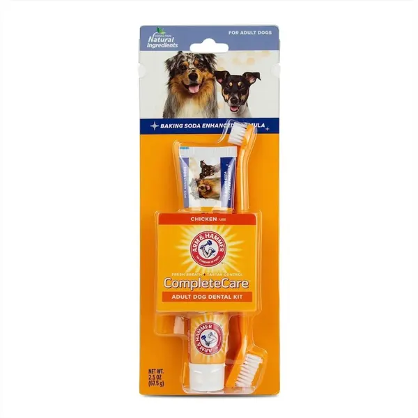 Set 1x Pasta de Dinti si 2x Periute pentru Caini, Arm & Hammer, Complete Care, Enzimatica, Aroma Pui, 67.5gr