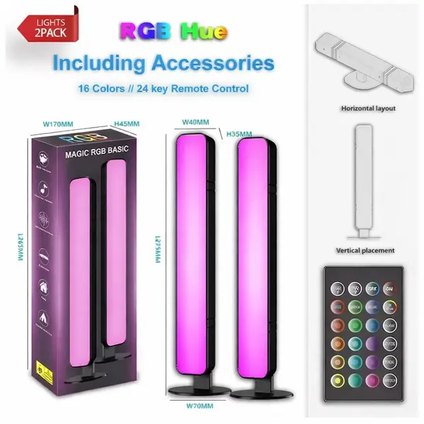 Set 2 bare LED ambientale, RGB, smart pentru tv si pc, telecomanda inclusa, efecte muzica, iluminare decorativa, abs, montaj vertical sau orizontal, 4.1 x 3.5 x 24.8 cm