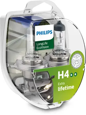 Set 2 becuri incandescente PHILIPS Long Life Eco Vision H4 12V 12342LLECOS2