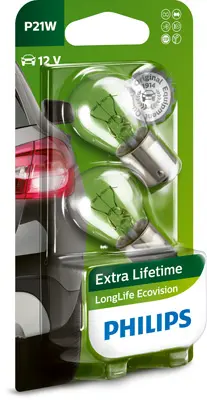 Set 2 becuri incandescente PHILIPS Long Life Eco Vision P21W 12V 12498LLECOB2