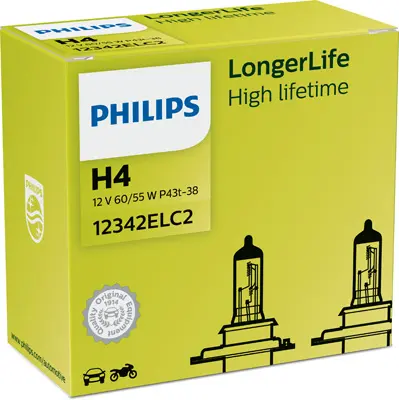 Set 2 becuri incandescente PHILIPS Longer Life H4 12V 12342ELC2